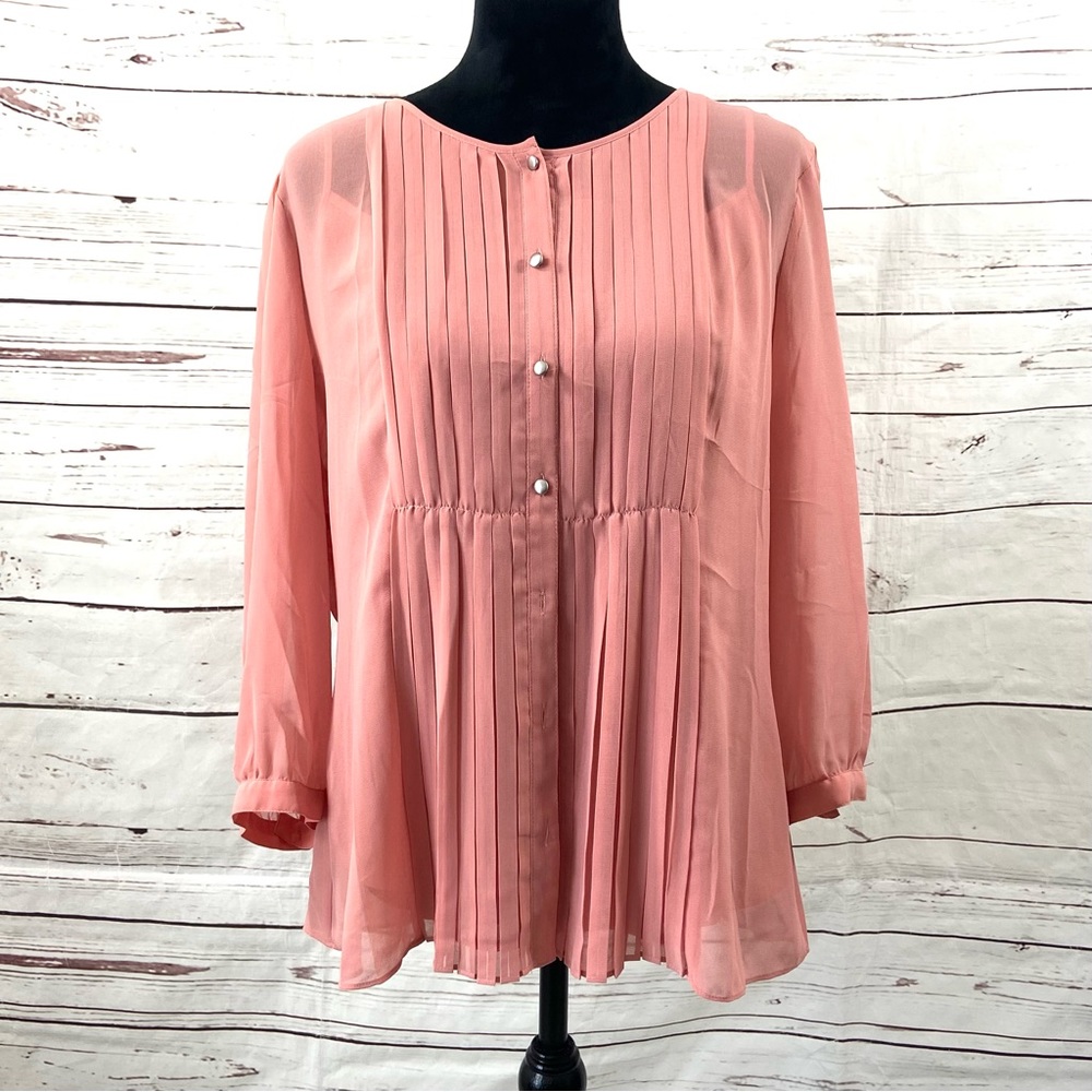 Talbots Top Women’s 16 Pink Chiffon Blouse 3/4 Sleeves Pleated‎ Lined.